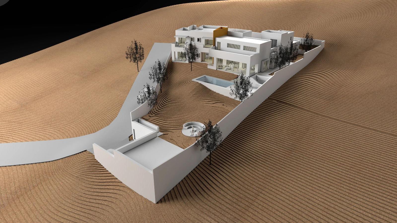 Maqueta arquitectónica de casa sobre terreno arenoso